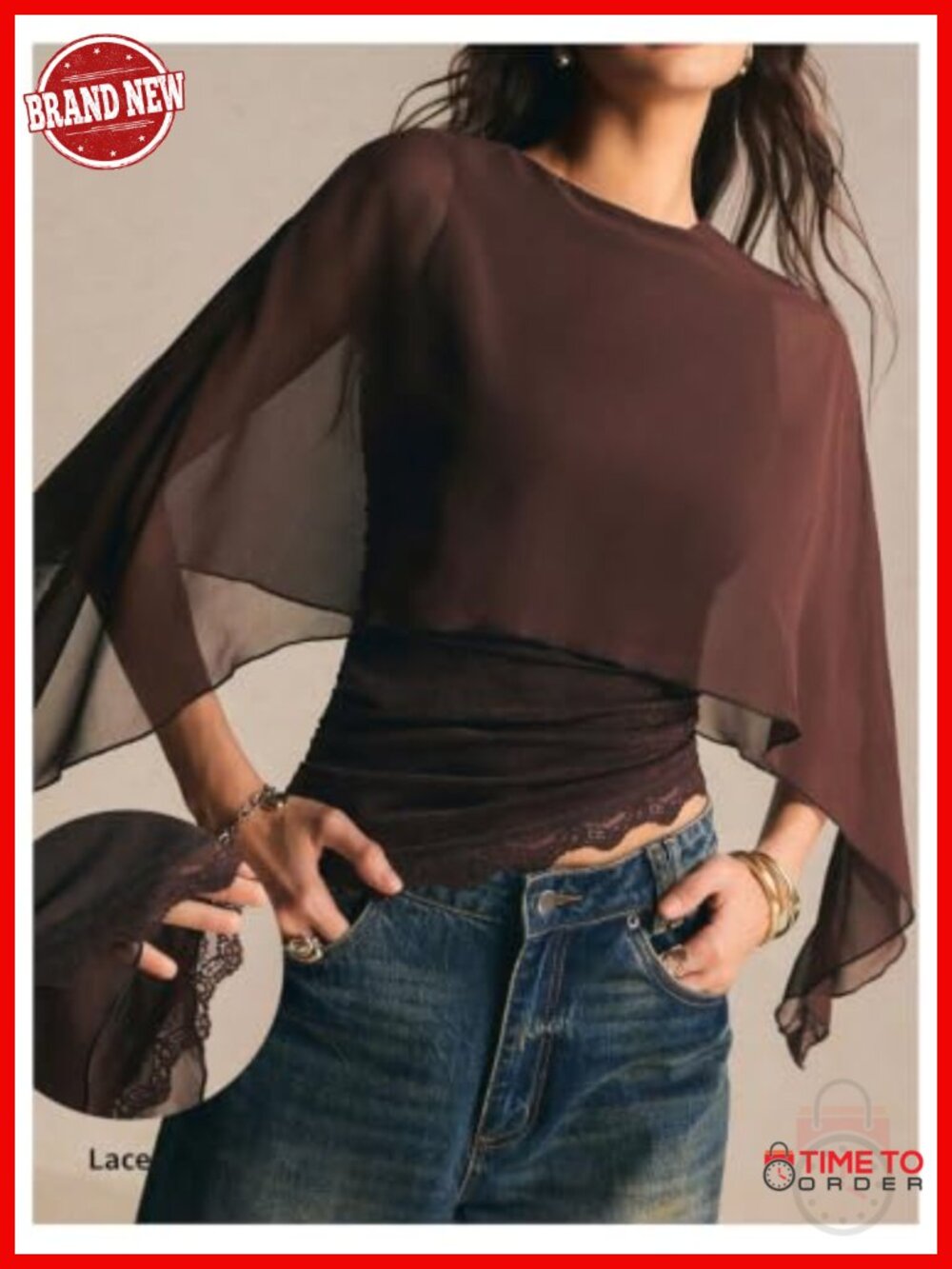 Women's Sheer Chiffon Asymmetrical Blouse 2-in-1 Layered Mesh Top Long Sleeve - Picture 3 of 4
